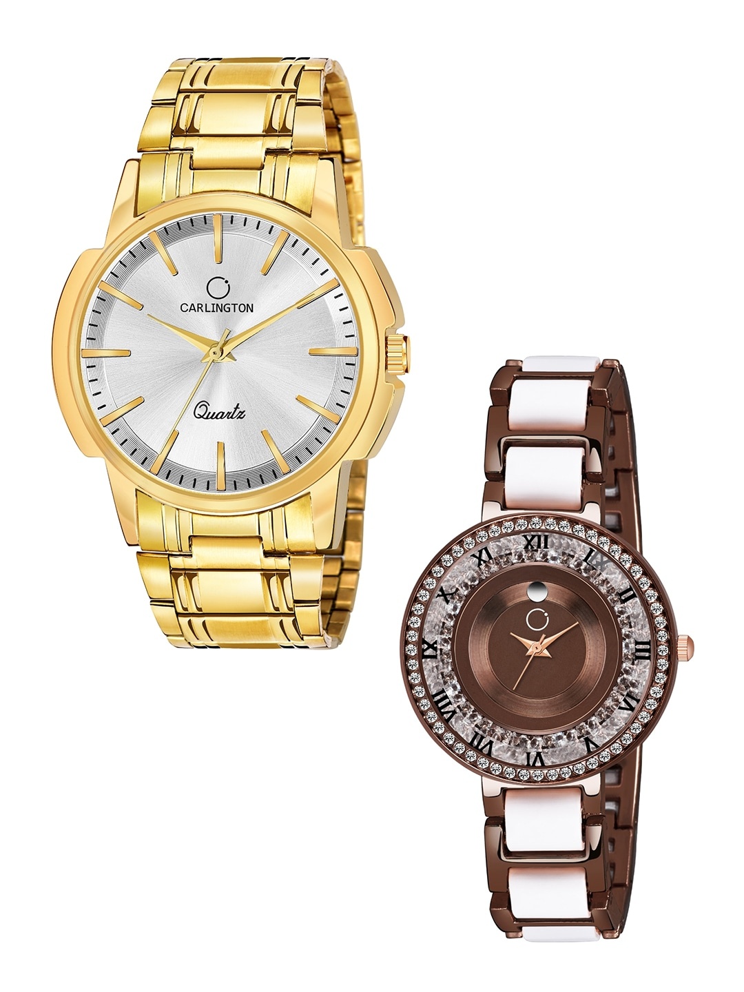 

CARLINGTON Unisex Set of 2 Analogue Watch - Combo CT-6110GS and Mova BrownWhite, Silver