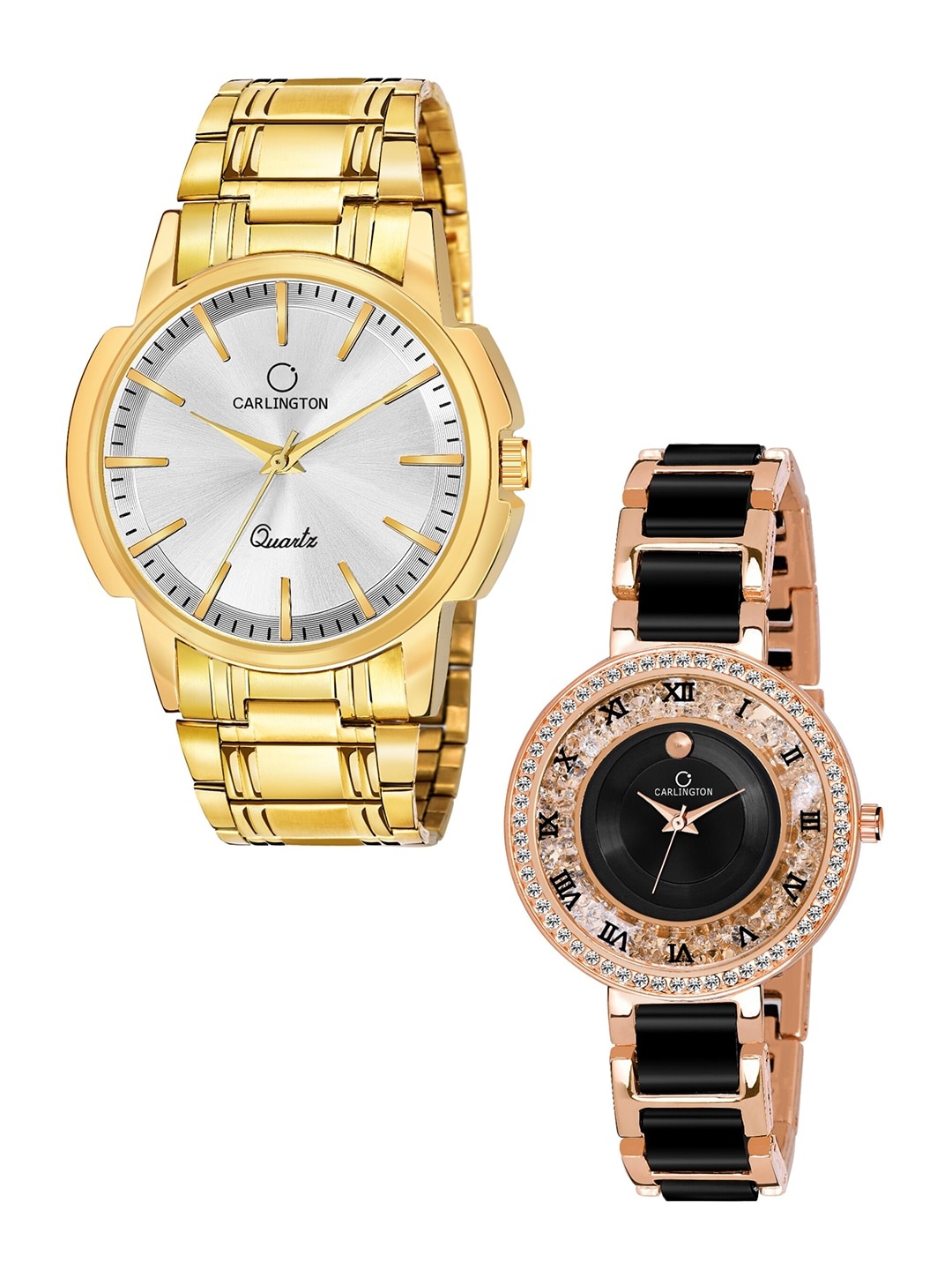 

CARLINGTON Unisex Set of 2 Analogue Watch - Combo CT-6110GS and Mova RoseBlack, Gold