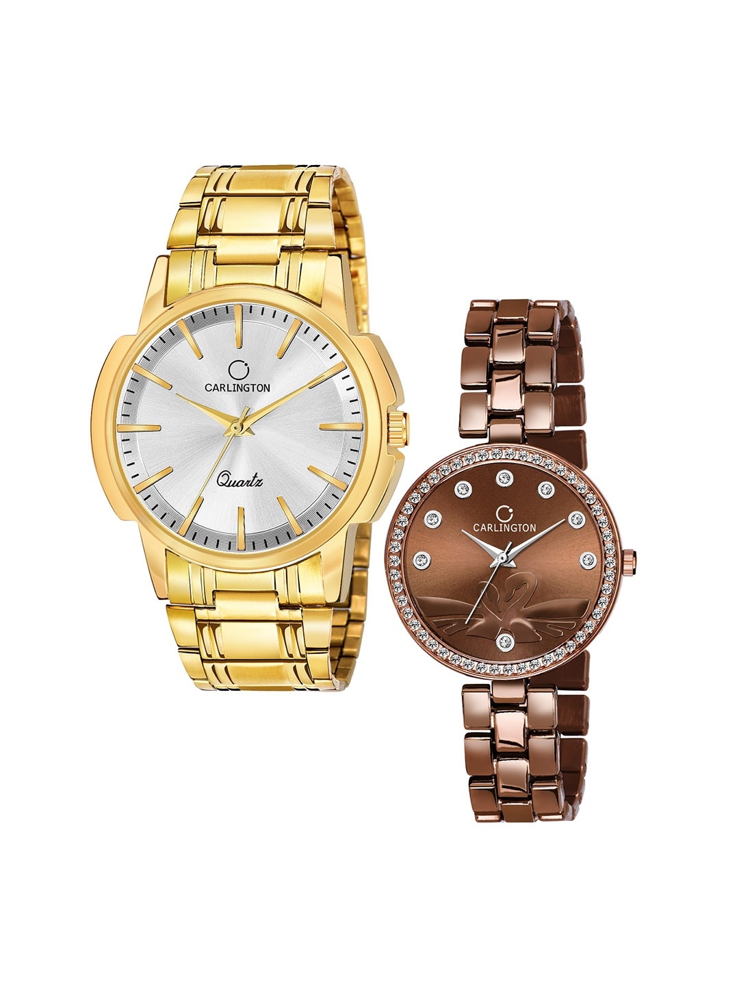 

CARLINGTON Unisex Set of 2 Analogue Watch - Combo CT-6110GS and Duck Brown, Silver