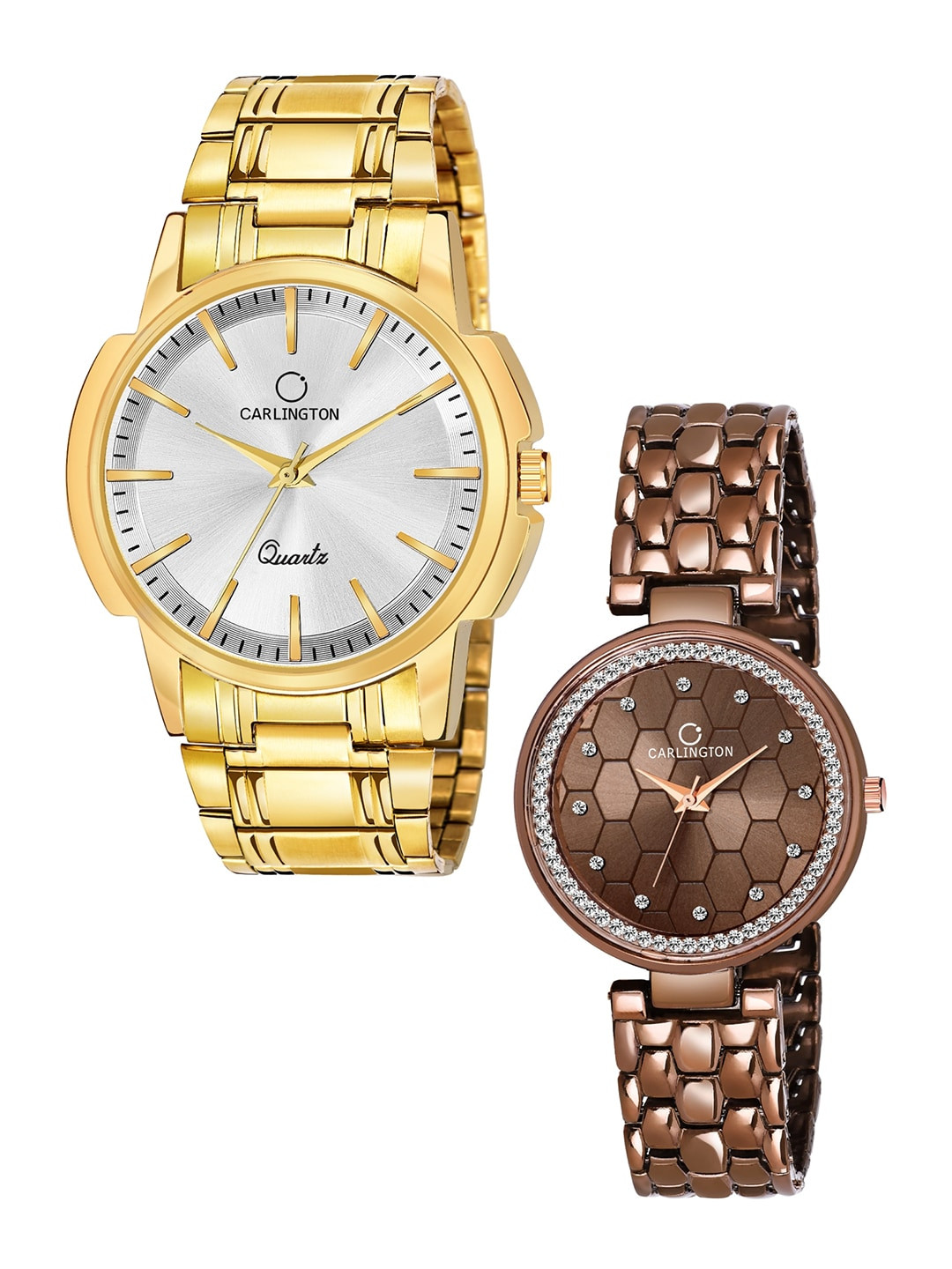 

CARLINGTON Unisex Set of 2 Analogue Watch - Combo CT-6110GS and Hexa Brown, Gold