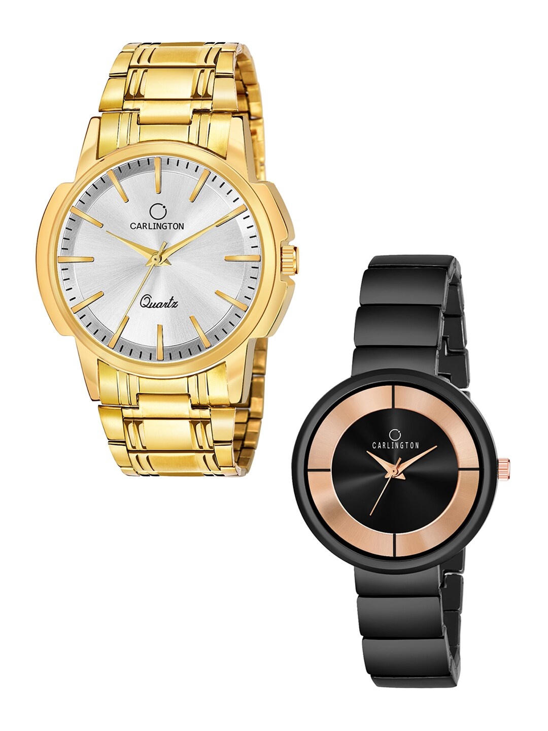 

CARLINGTON Unisex Set of 2 Analogue Watch - Combo CT-6110GS and 114 Black, Gold