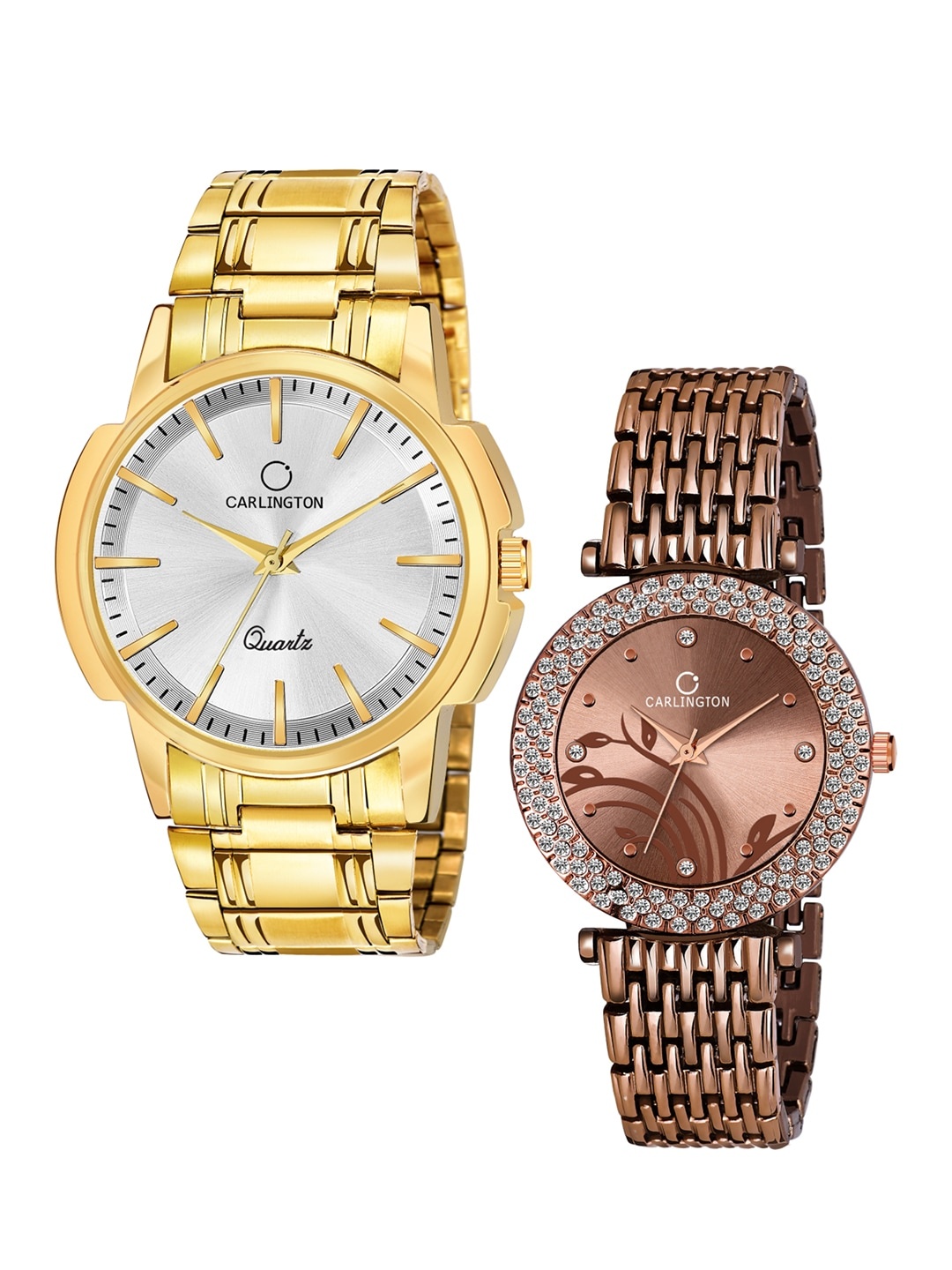 

CARLINGTON Unisex Set of 2 Analogue Watch - Combo CT-6110GS and 105 Brown, Gold