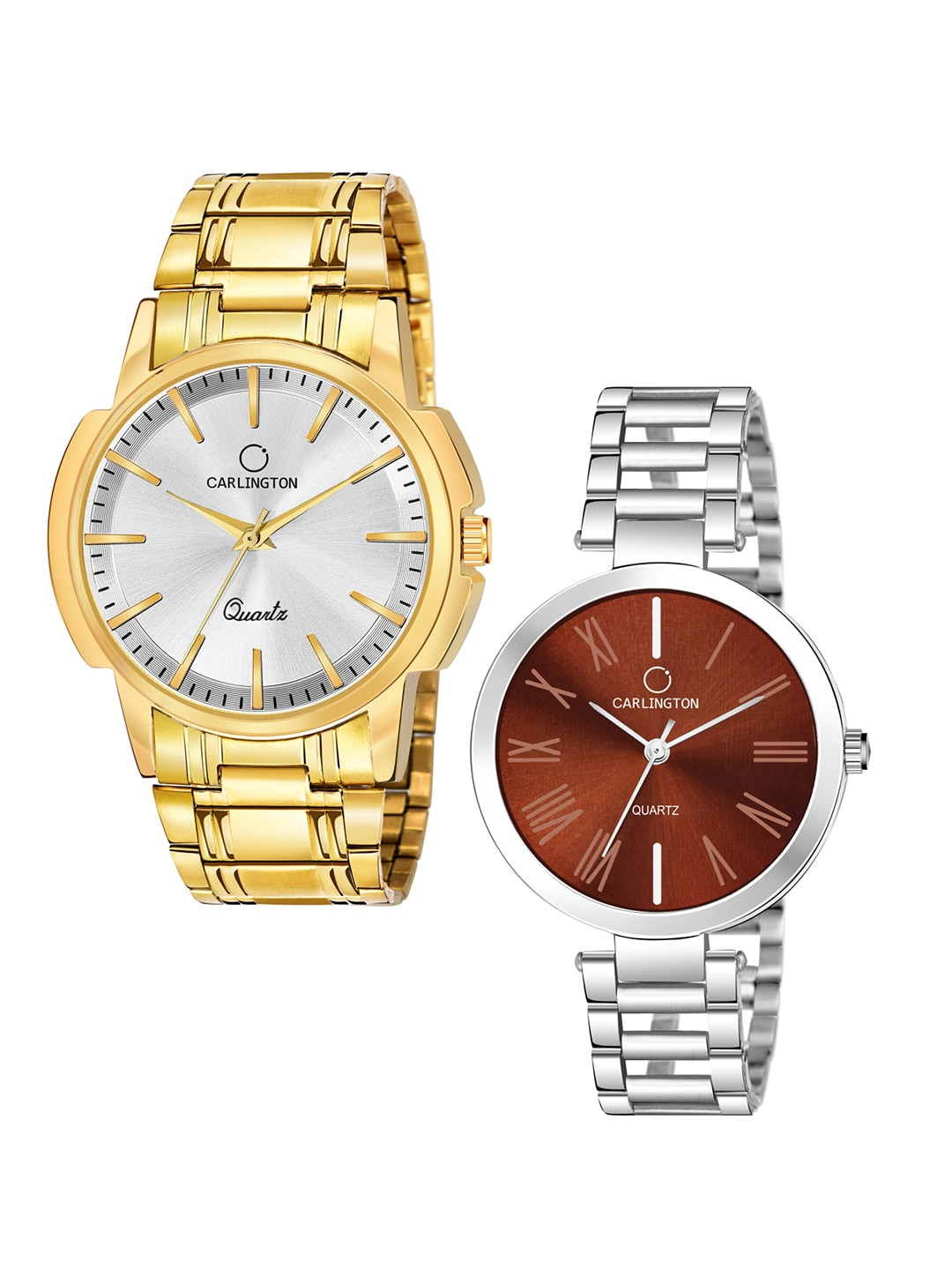 

CARLINGTON Unisex Set of 2 Analogue Watch - Combo CT-6110GS and 112 Brown, Gold