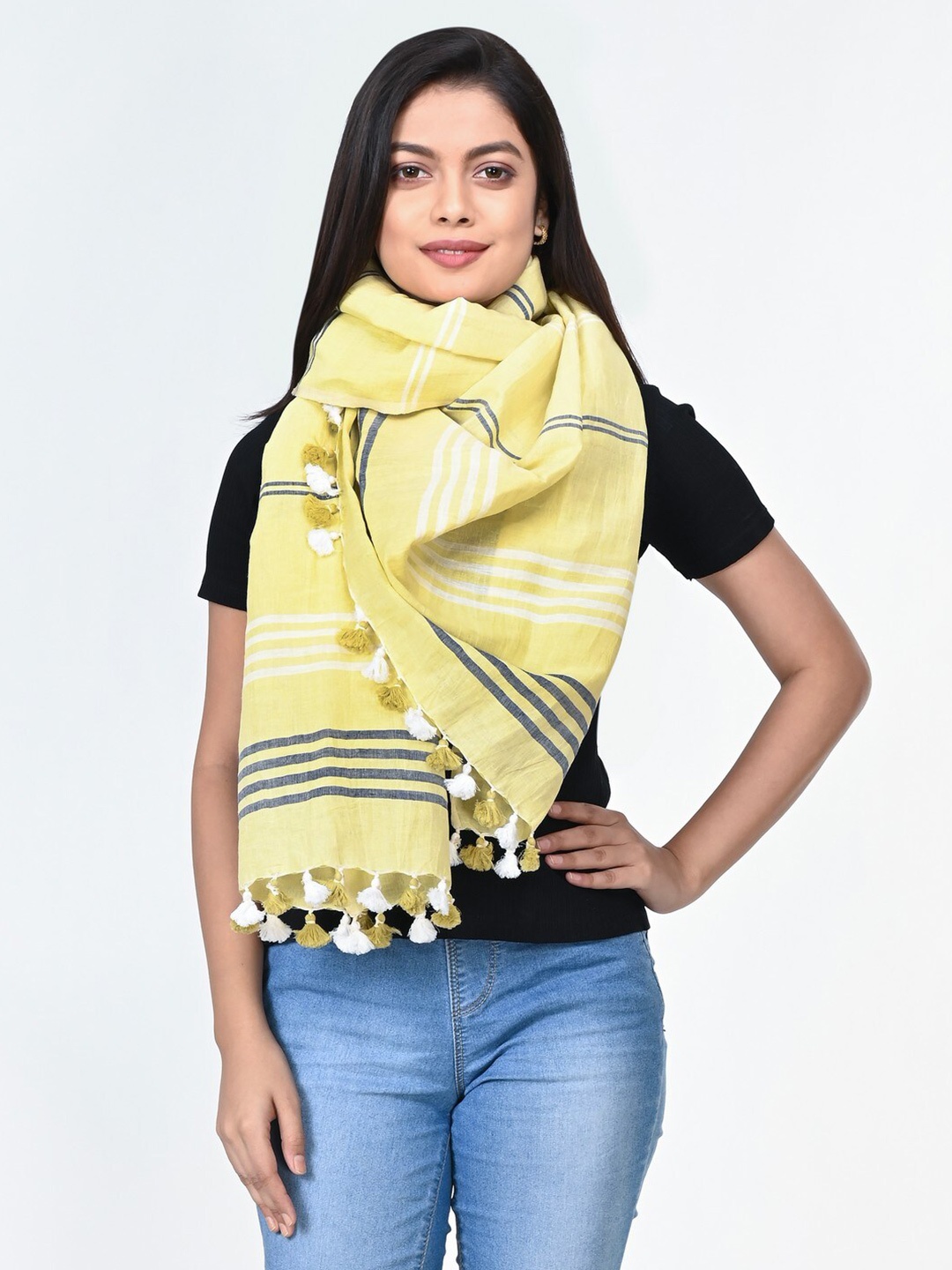 

ArtEastri Women Green and Black Cotton Linen Striped Handloom Stole, Yellow