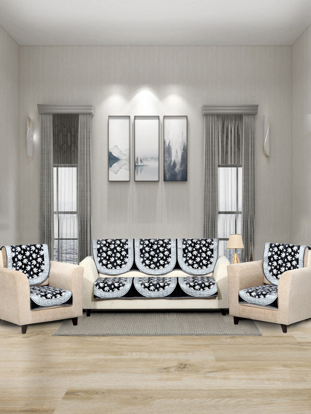 

BELLA TRUE Set Of 6 Black & White Woven Design Chenille 5-Seater Sofa Set Covers