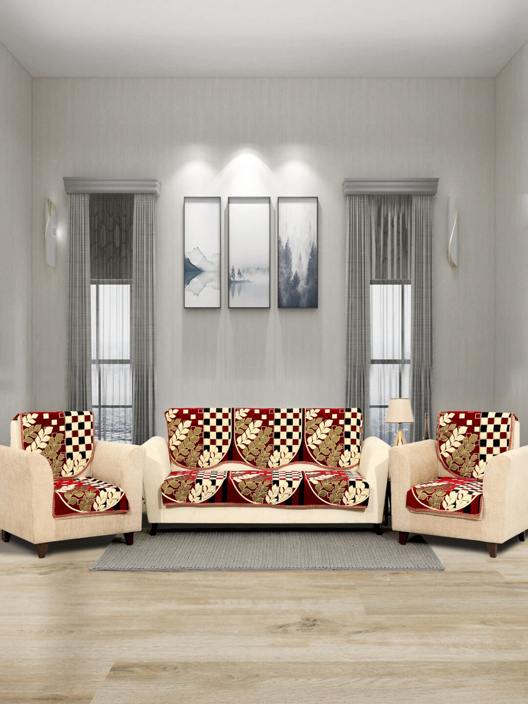 

BELLA TRUE Set Of 6 Maroon & Black Woven-Design Chenille Sofa Set Covers
