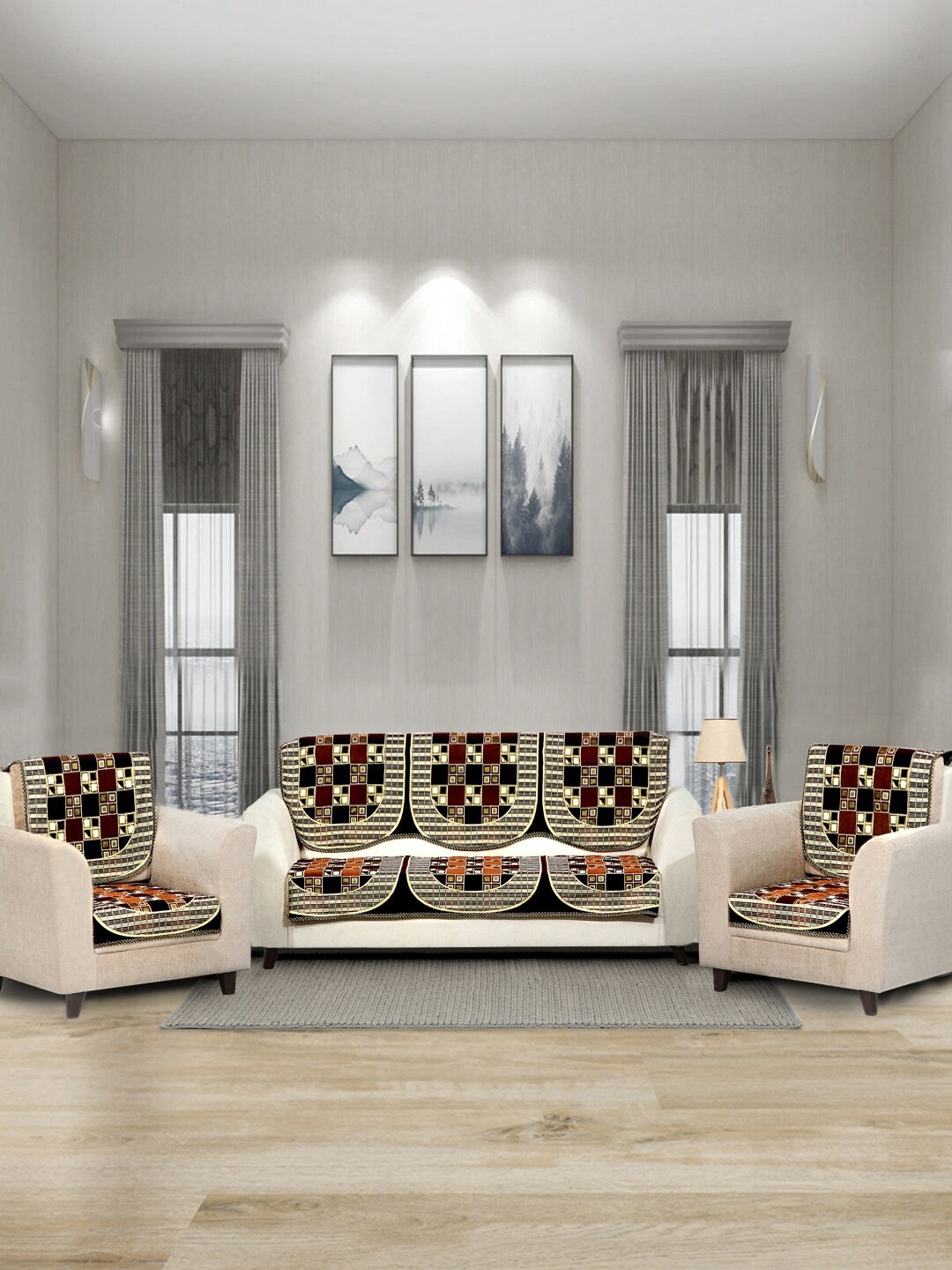 

BELLA TRUE Set Of 6 Brown & Cream-Coloured Geometric Printed Chennile 5-Seater Sofa Cover