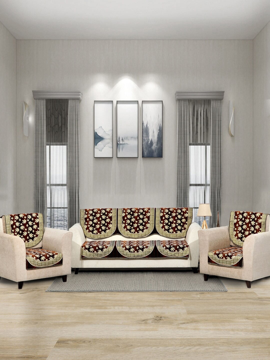 

BELLA TRUE Set Of 6 Brown & Beige Floral Printed 5-Seater Sofa Cover