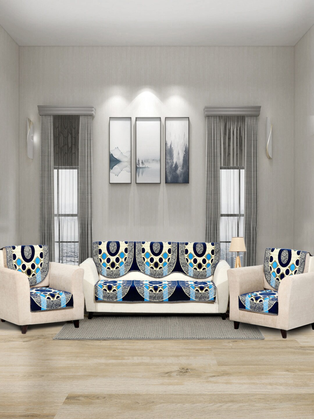 

BELLA TRUE Set Of 6 Blue & Beige Circle Printed 5-Seater Sofa Covers