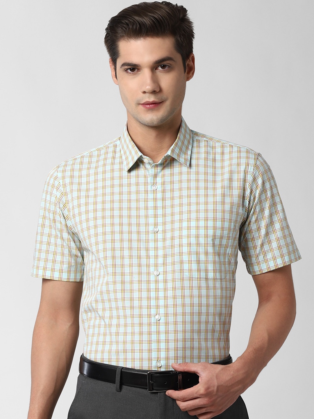 

Peter England Men Green Tartan Checks Opaque Checked Formal Shirt