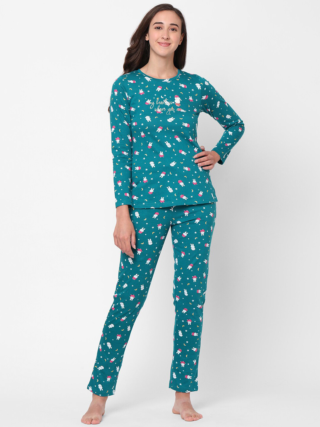 

Sweet Dreams Women Teal & White Printed Night suit