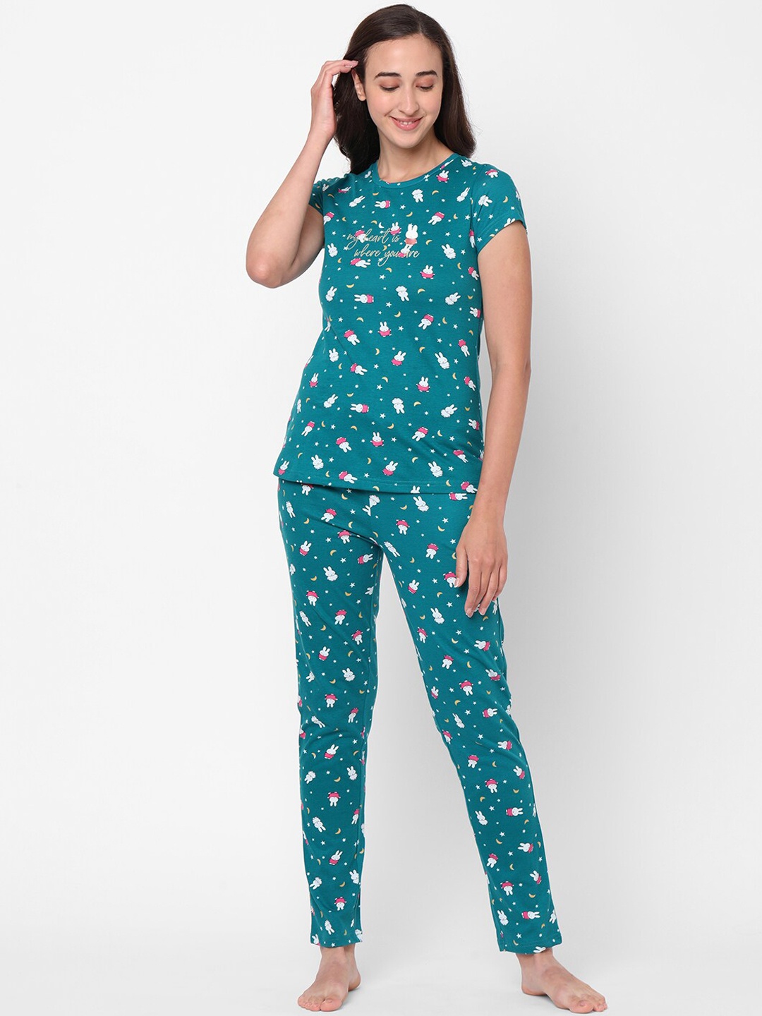 

Sweet Dreams Women Teal & White Printed Night suit