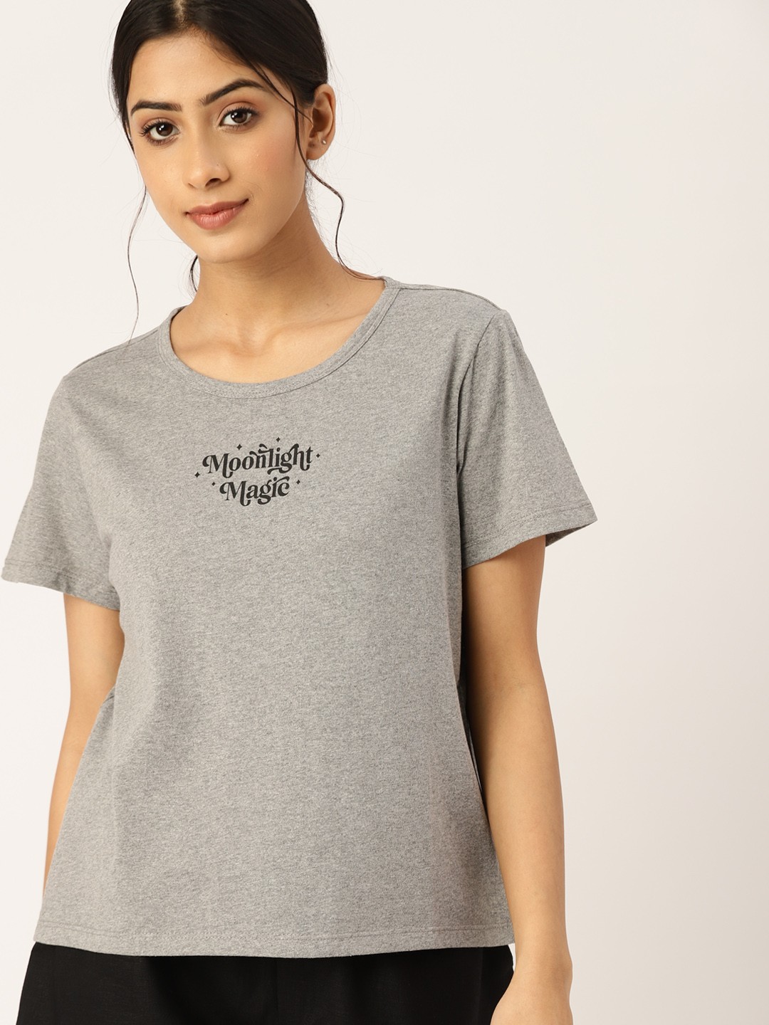 

ETC Women Grey Melange Typographic Print Lounge T-shirt