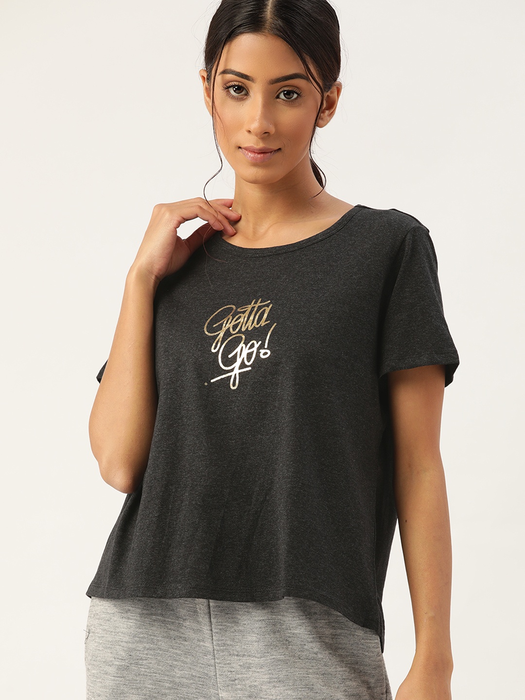 

ETC Women Charcoal Grey Typography Print Lounge Tshirt
