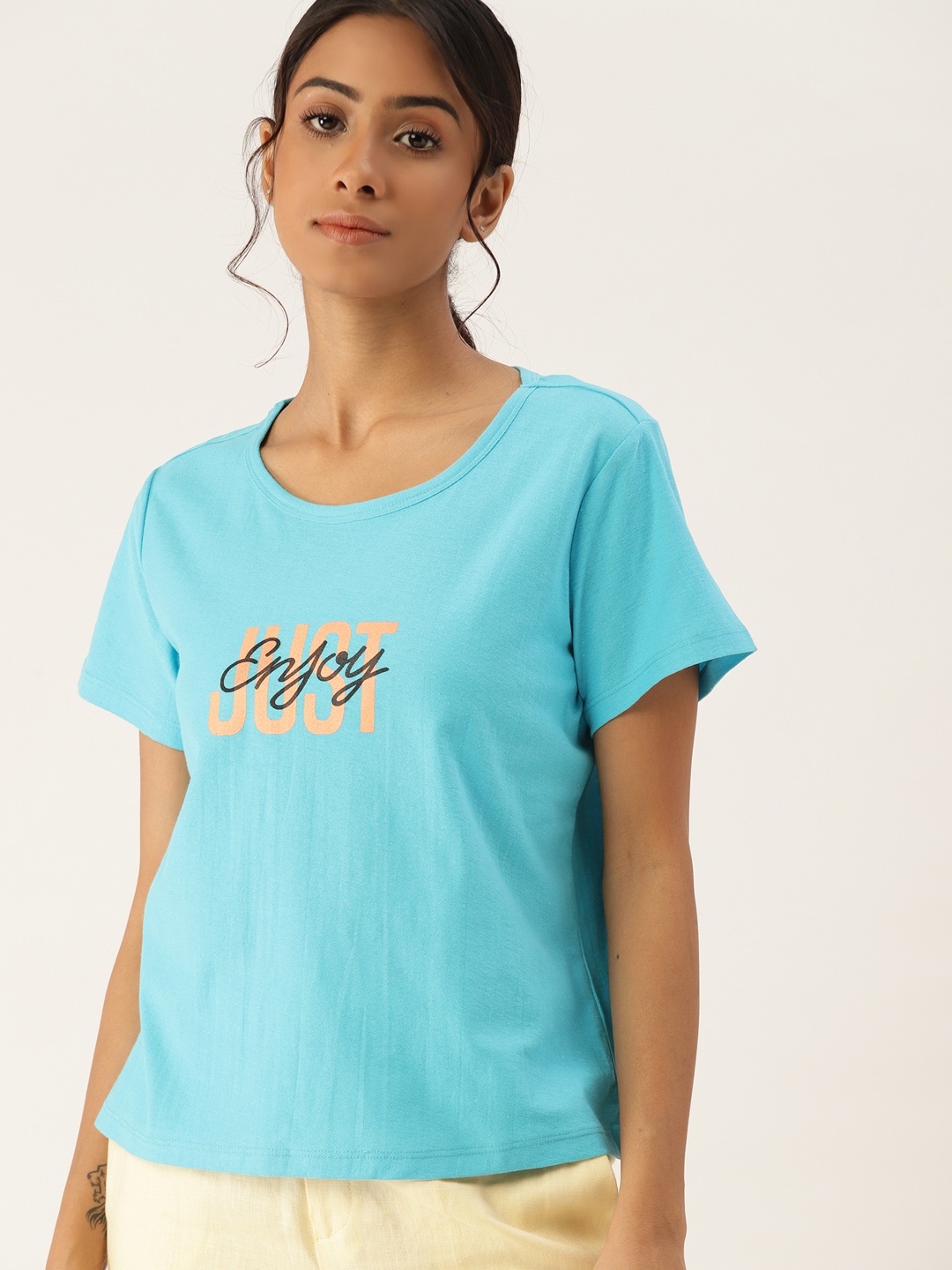 

ETC Women Blue & Peach Coloured Typography Print Lounge Tshirt