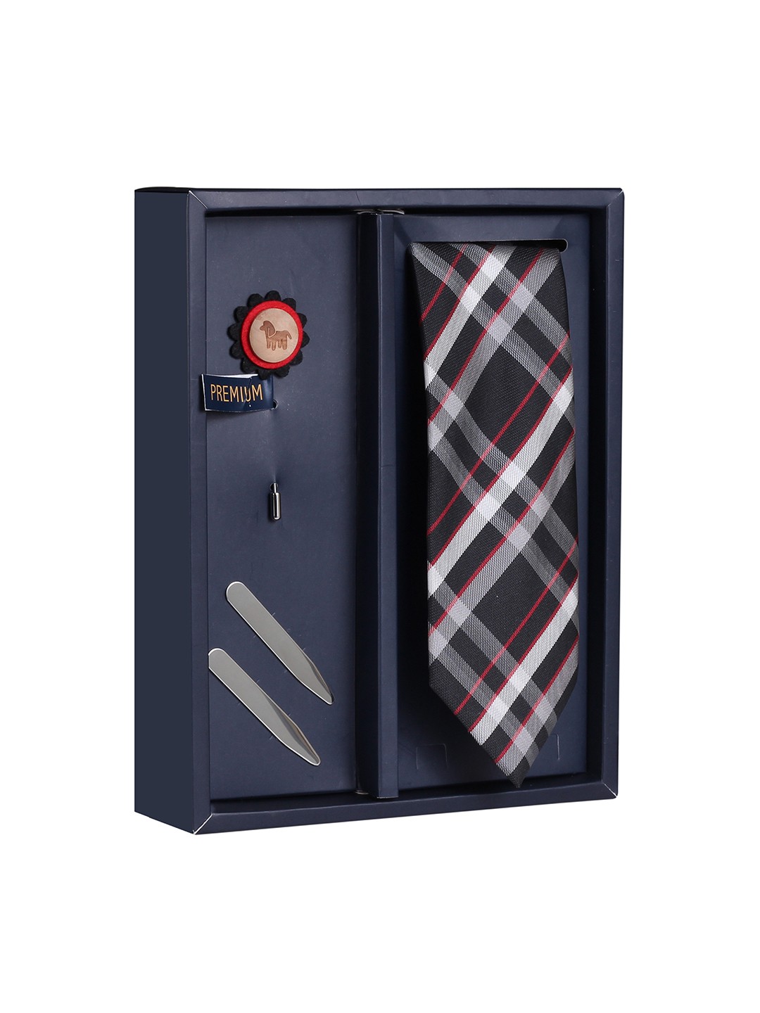 

PELUCHE Men Gift Set of Neck Tie with Lapel Pin & Collar Strays, Black