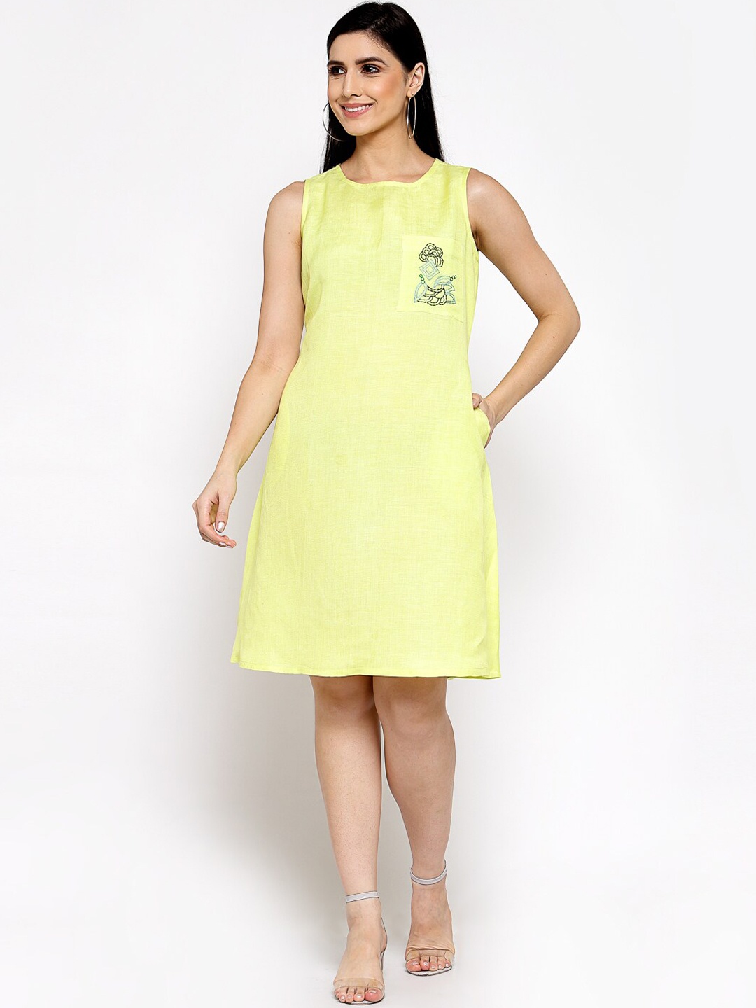 

DART STUDIO Yellow Applique Linen A-Line Dress
