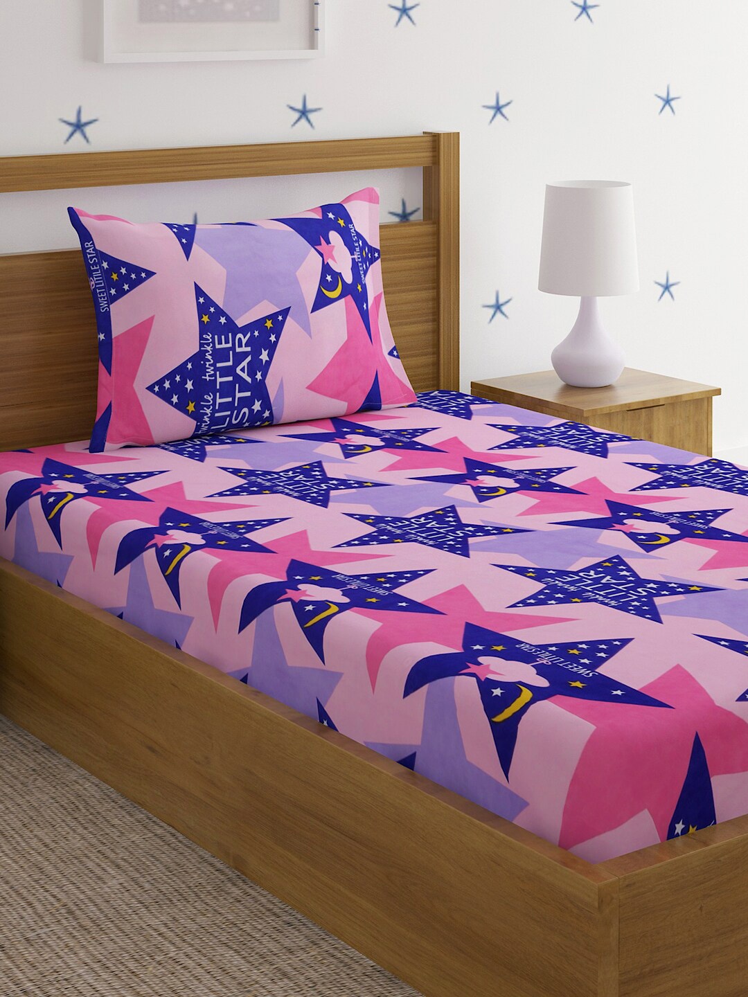 

HOSTA HOMES Pink & Blue Graphic 220 TC Single Bedsheet with 1 Pillow Coves