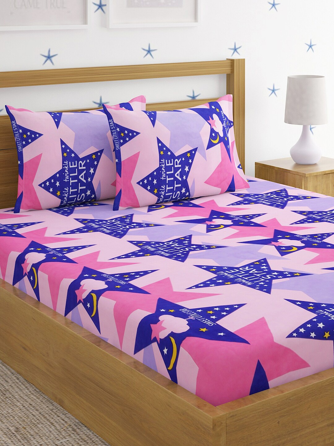 

HOSTA HOMES Purple & Pink Graphic 220 TC Queen Bedsheet with 2 Pillow Covers