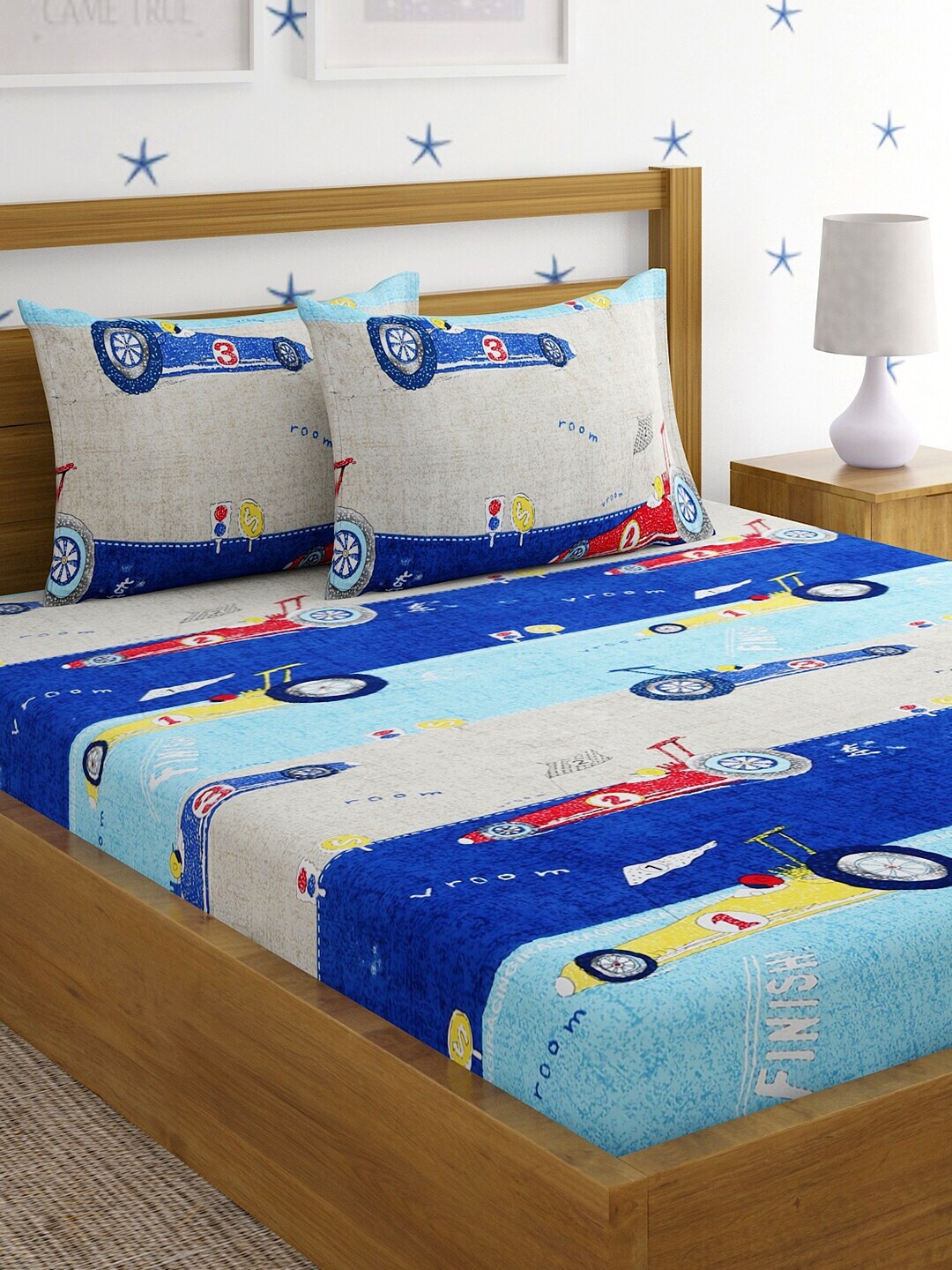 

HOSTA HOMES Blue & Grey Graphic 220 TC Queen Bedsheet with 2 Pillow Covers