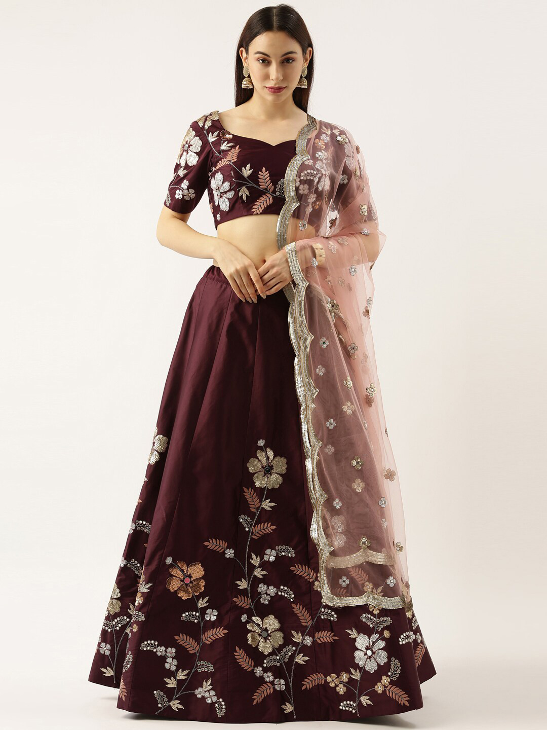

panchhi Burgundy & Pink Embroidered Sequinned Unstitched Lehenga & Blouse With Dupatta