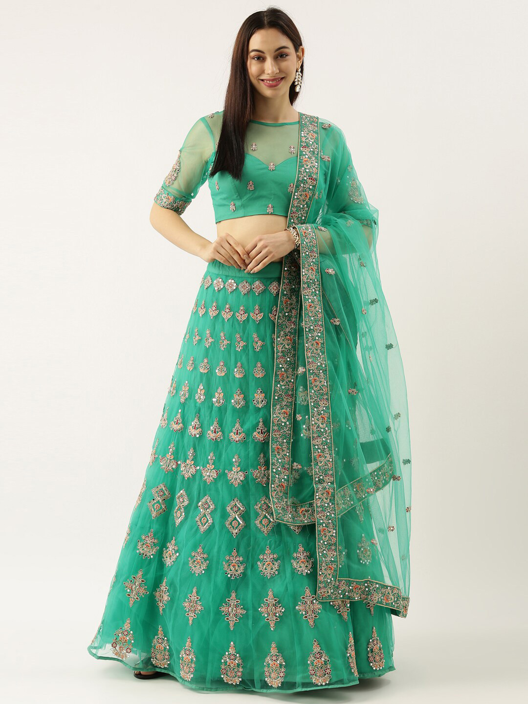 

panchhi Sea Green Embroidered Semi-Stitched Lehenga & Unstitched Blouse With Dupatta