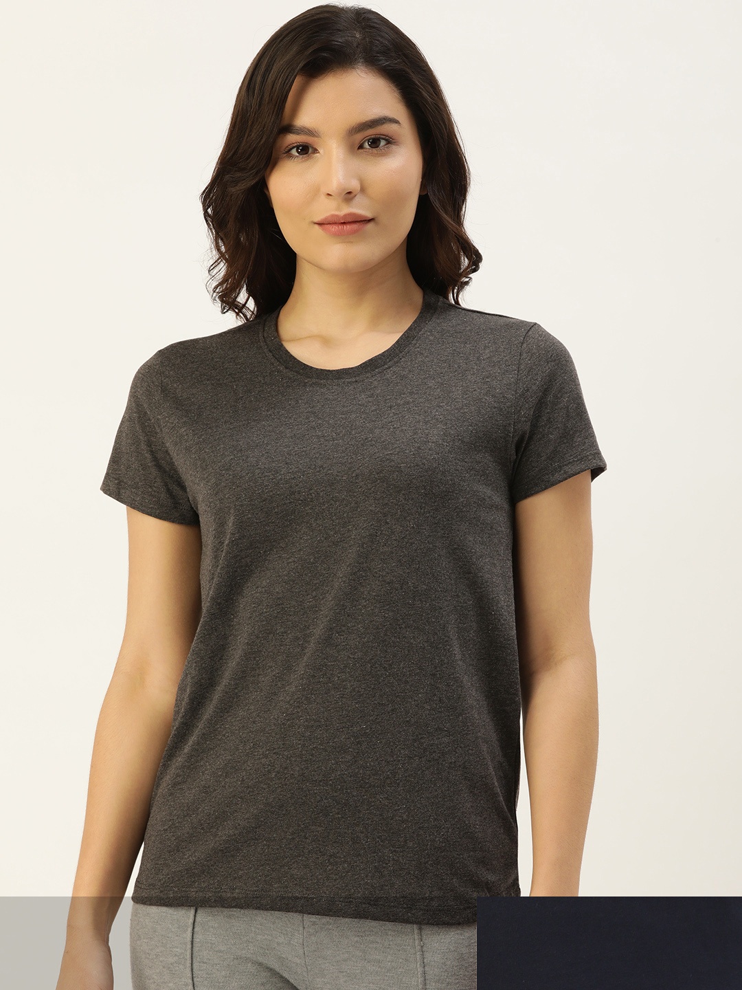 

ETC Women Set of 2 Solid Lounge Pure Cotton T-shirt, Charcoal