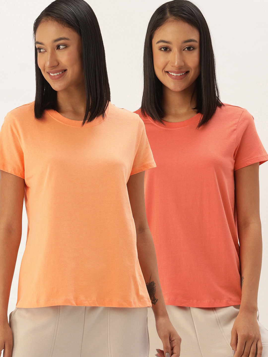 

ETC Women Pack of 2 Solid Lounge T-shirts, Coral