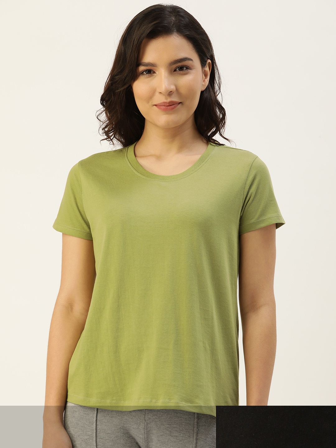 

ETC Women Set of 2 Solid Lounge Pure Cotton T-shirt, Olive