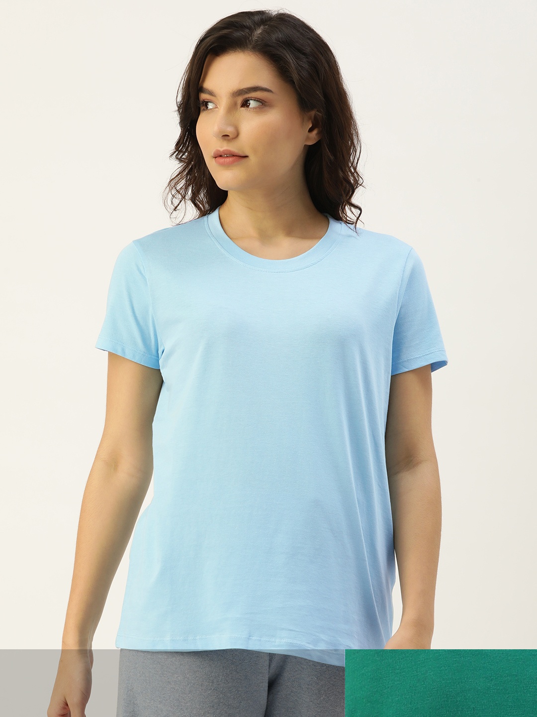 

ETC Women Set of 2 Solid Lounge Pure Cotton T-shirt, Blue