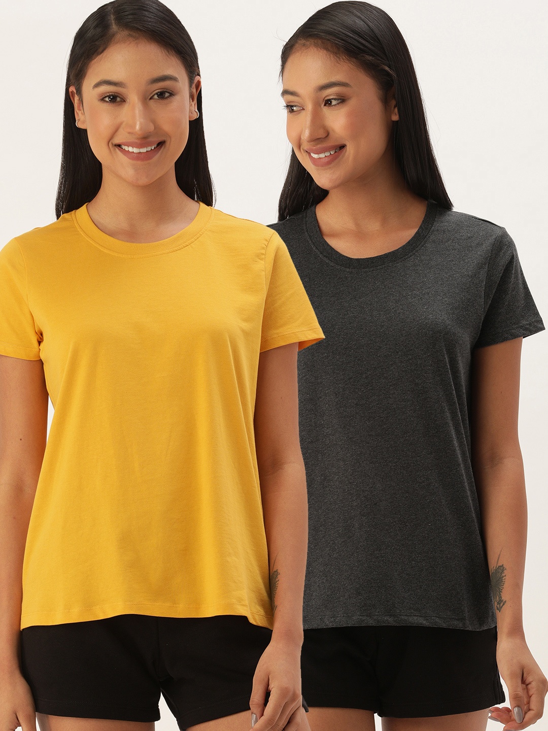 

ETC Women Pack of 2 Solid Lounge T-shirts, Charcoal