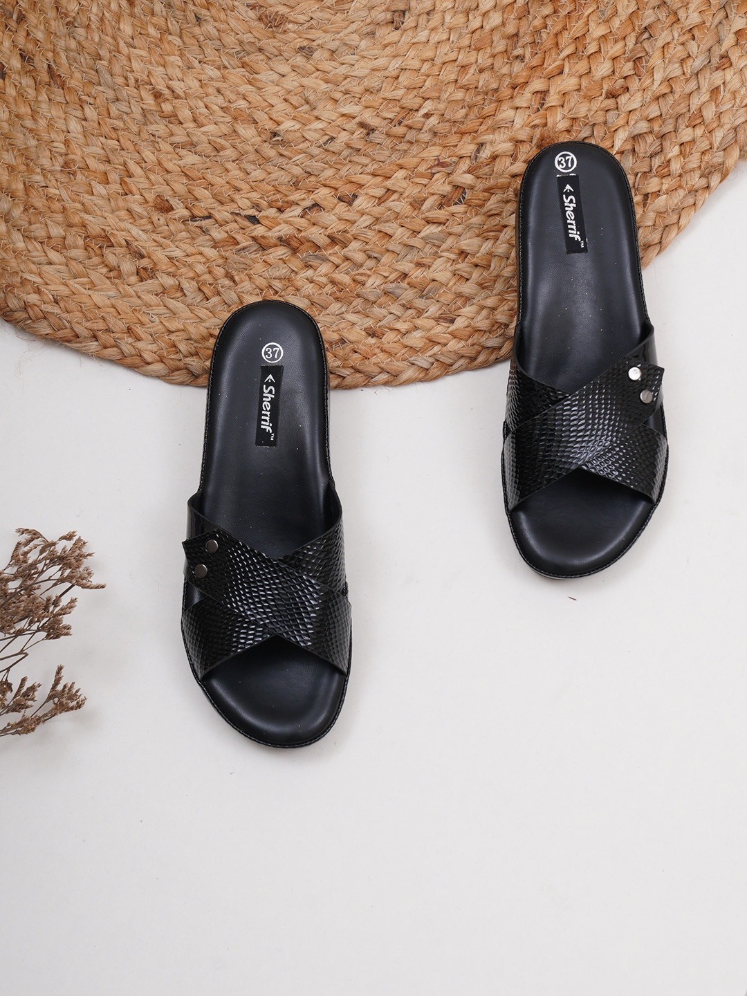 

Sherrif Shoes Black Textured Wedge Sandals