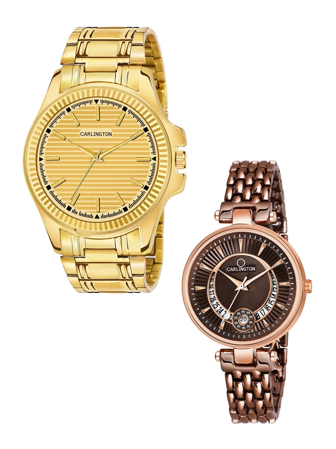 

CARLINGTON Unisex Set of 2 Analogue Watch - Combo CT-6120GG and Bella Brown, Gold
