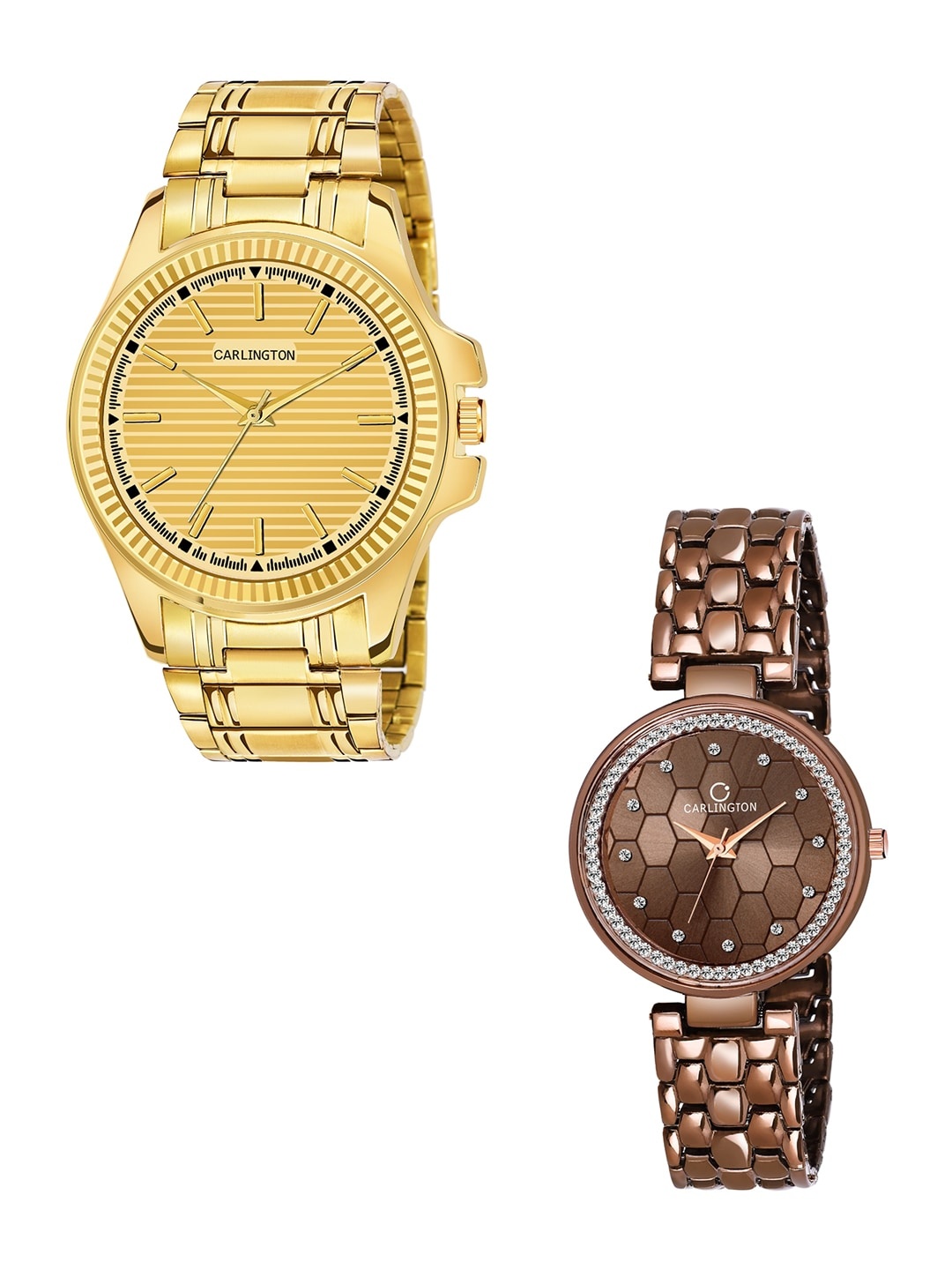 

CARLINGTON Unisex Set of 2 Analogue Watch - Combo CT-6120GG and Hexa Brown, Gold