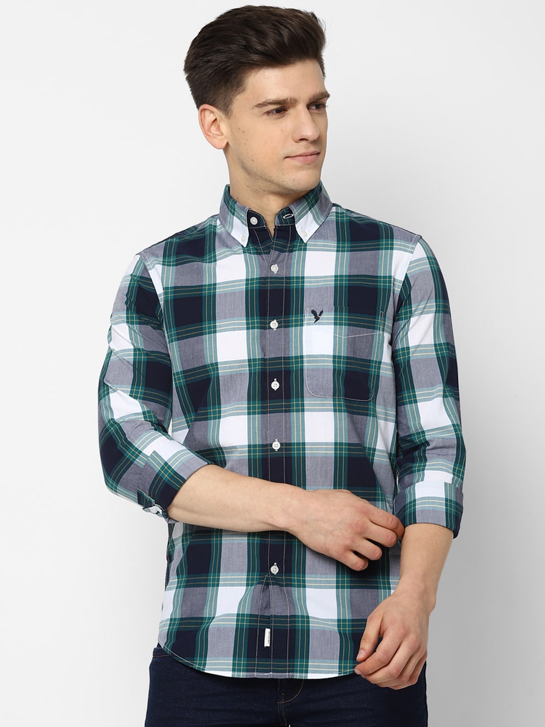 

AMERICAN EAGLE OUTFITTERS Men White Tartan Checks Checked Pure Cotton Casual Shirt