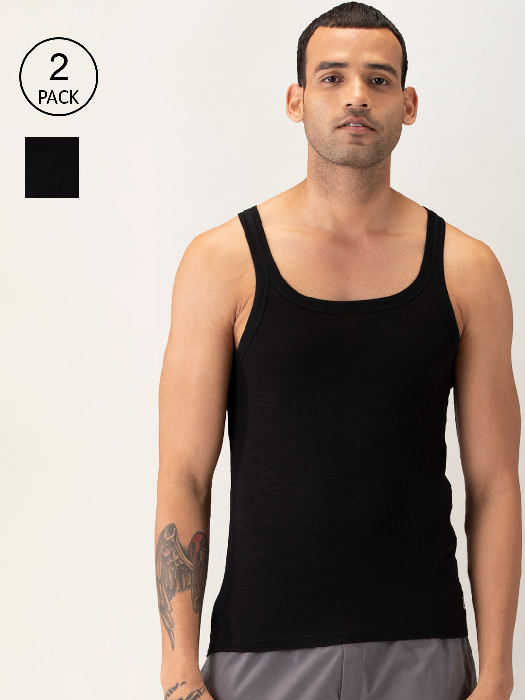 

DAMENSCH Men Pack Of 2 Black Solid Anti-Microbial NEO Bamboo Square Neck Vest