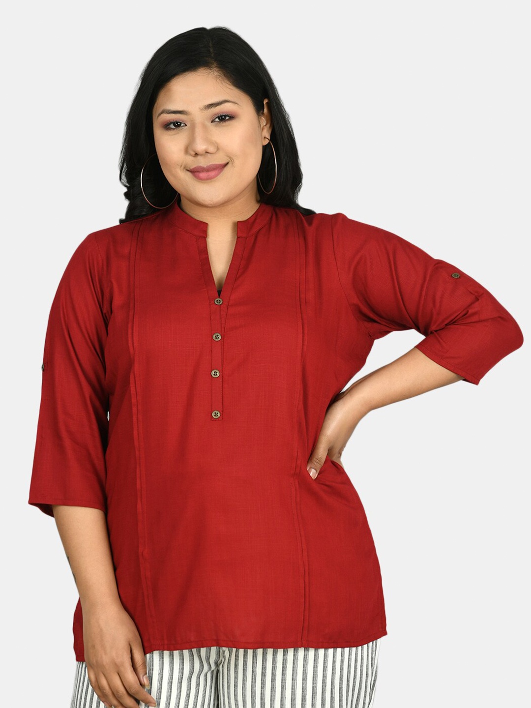 

PrettyPlus by Desinoor.com Women Maroon Mandarin Collar Shirt Style Top
