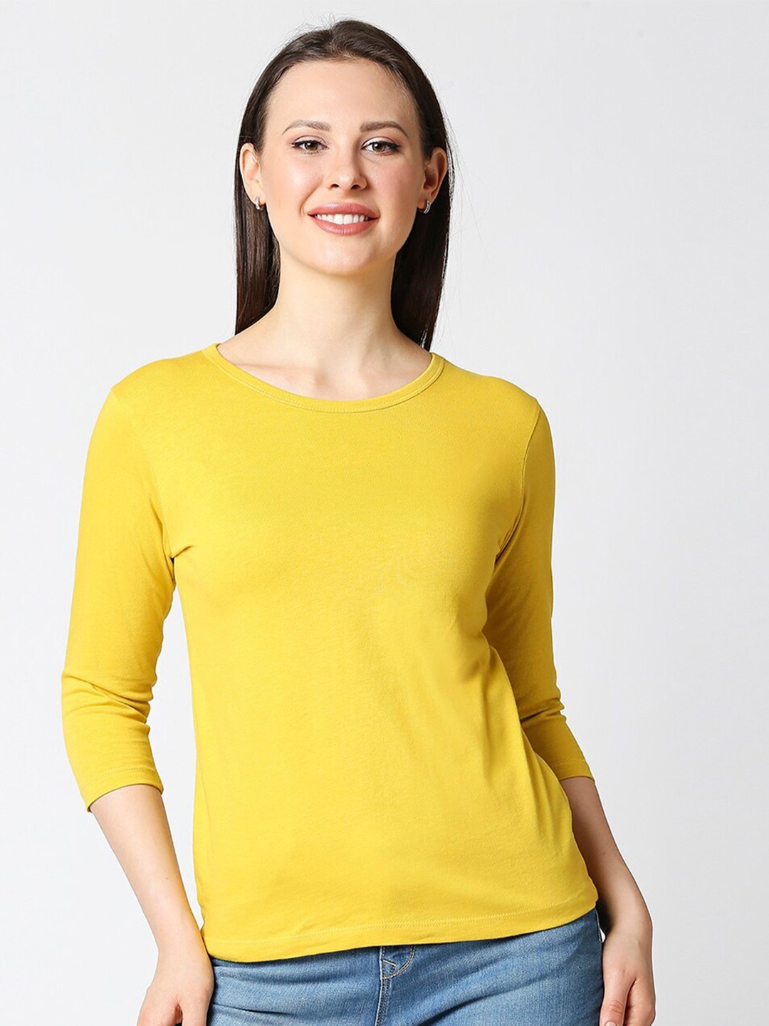 

Bewakoof Women Yellow Solid Slim Fit T-shirt
