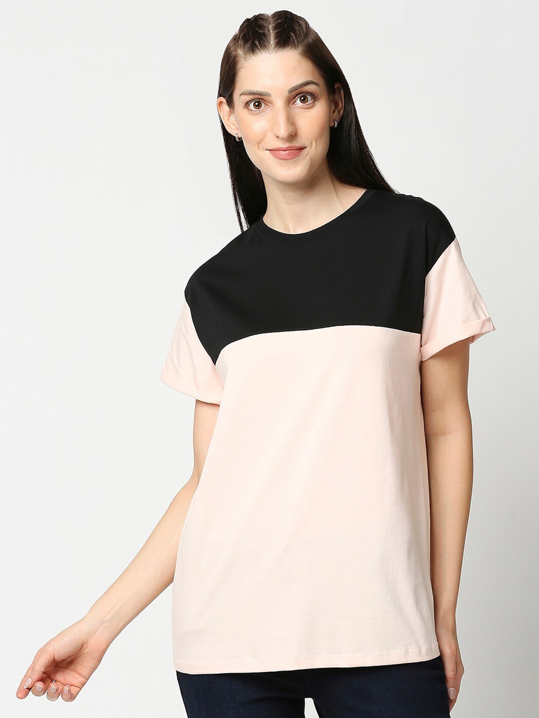 

Bewakoof Women Peach-Coloured and Black Colourblocked Loose Fit T-shirt