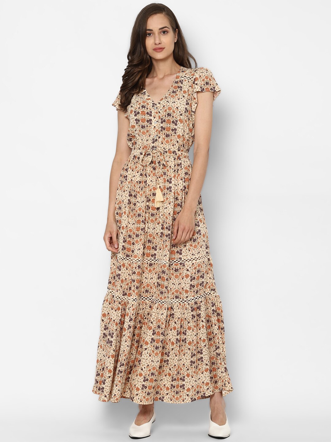 

AMERICAN EAGLE OUTFITTERS Beige & Coral Floral Maxi Dress