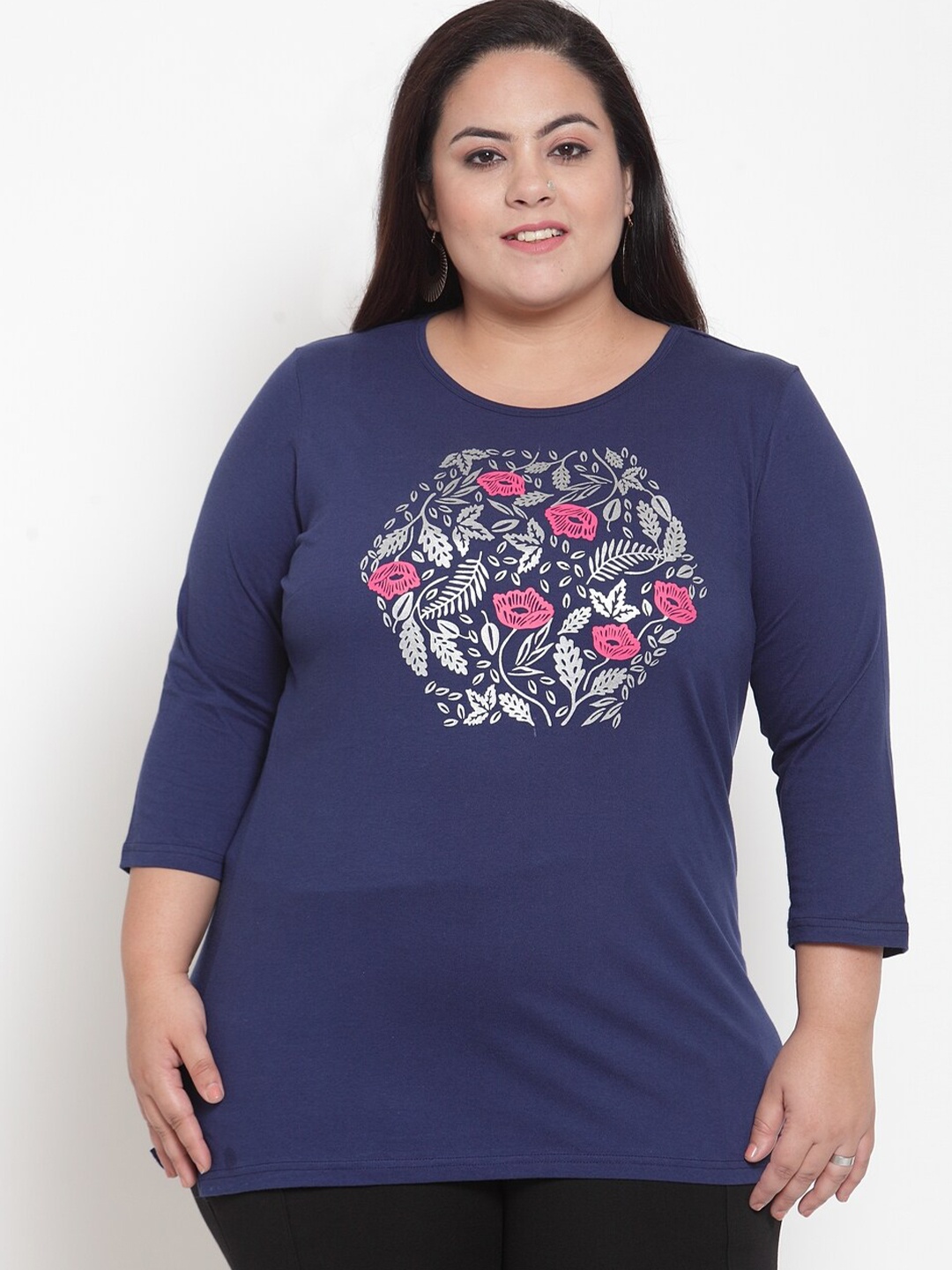 

plusS Women Navy Blue and Pink Floral Printed Regular Top