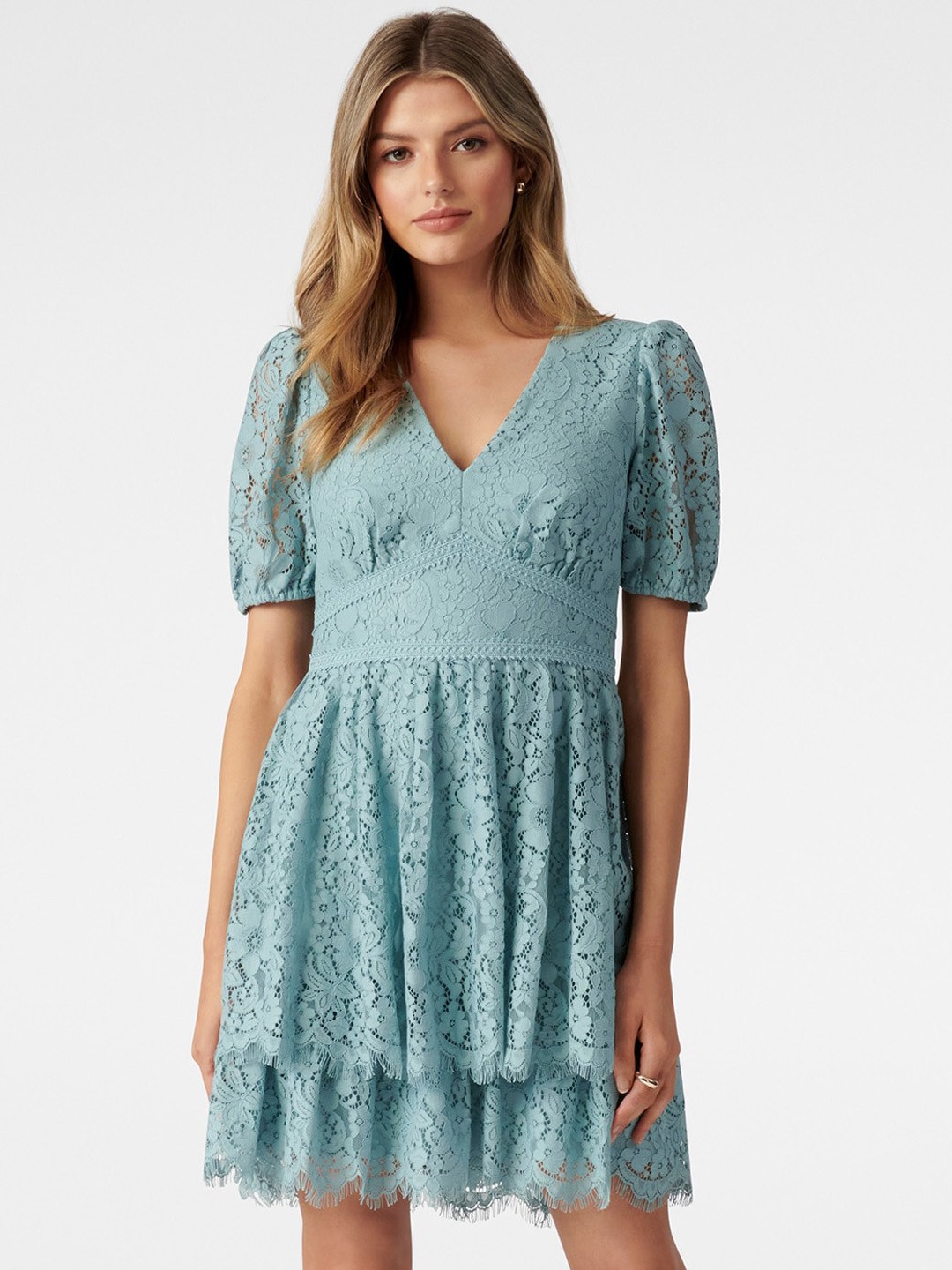 

Forever New Blue Evelyn Lace Tiered Fit & Flared Dress