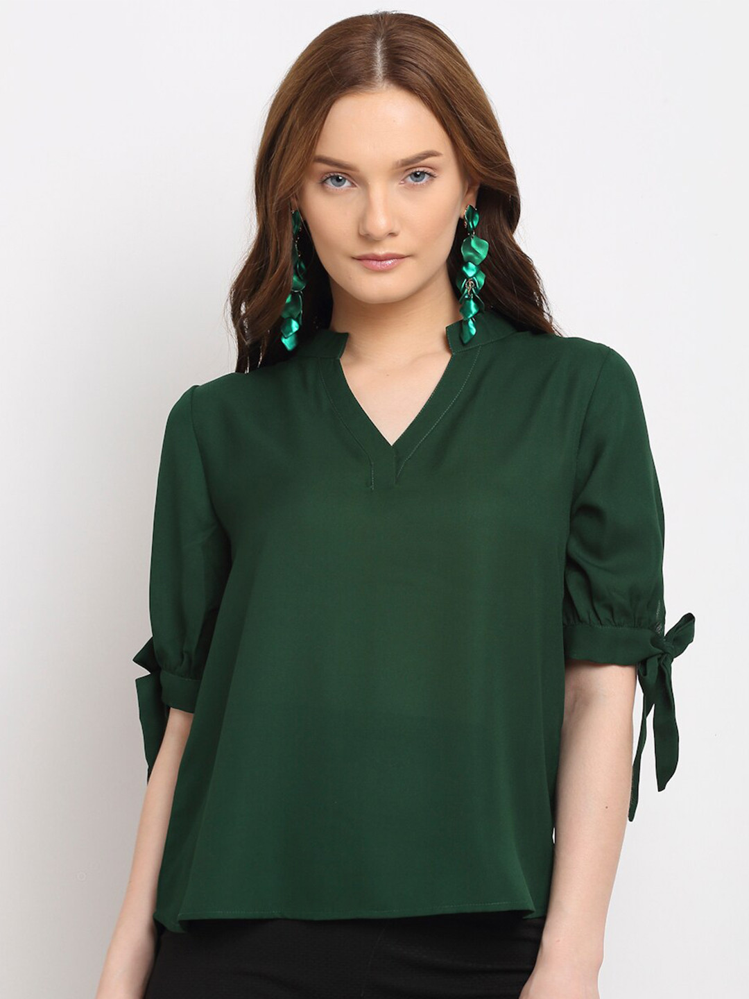 

La Zoire Green Mandarin Collar Regular Top with Tie Ups