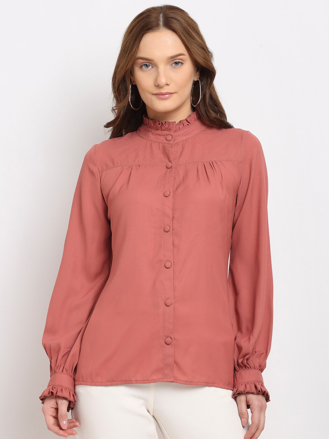 

La Zoire Pink Mandarin Collar Shirt Style Top with Frilled Details