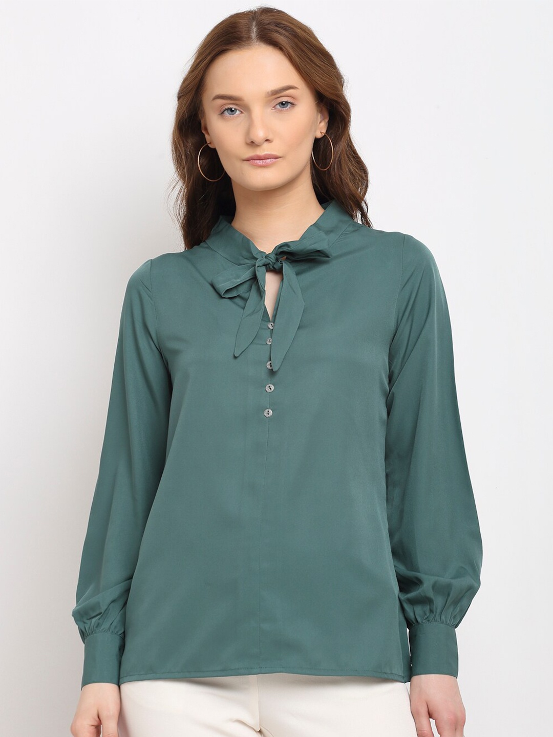 

La Zoire Teal Tie-Up Neck Crepe Regular Top