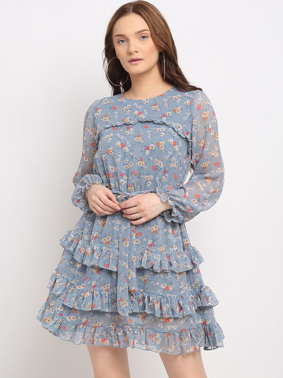 

La Zoire Floral Tiered Dress with Ruffle Details, Blue