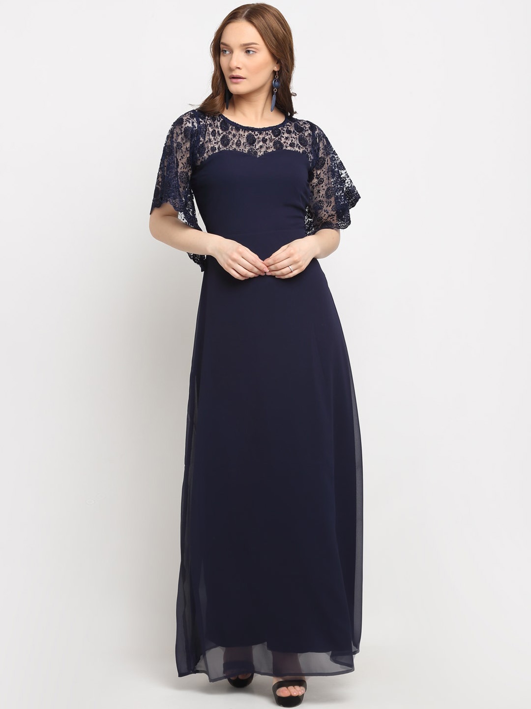 

La Zoire Navy Blue Lace Flared Sleeves Maxi Dress