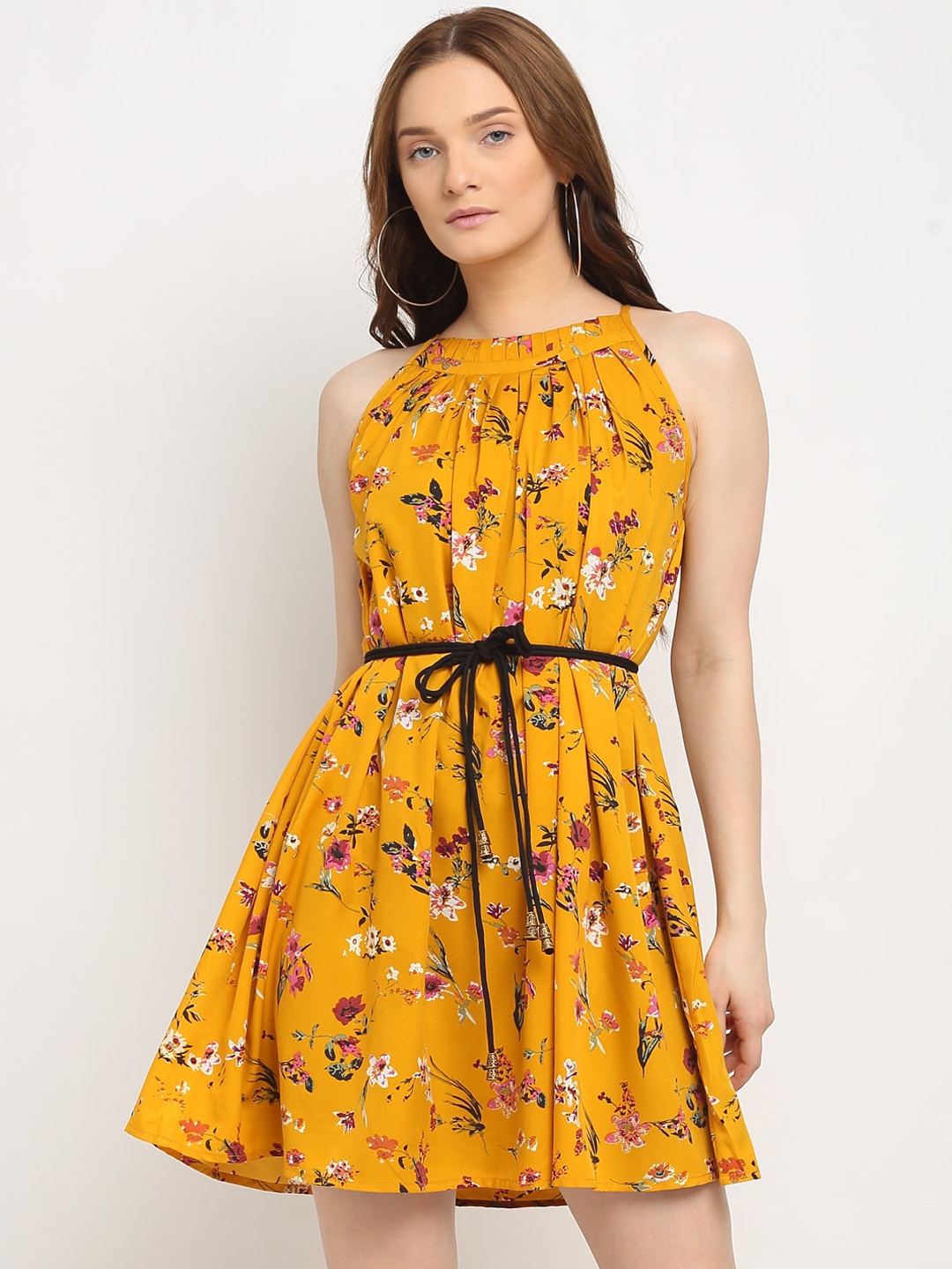 

La Zoire Mustard Yellow & Green Floral Dress with Tie Up Detail