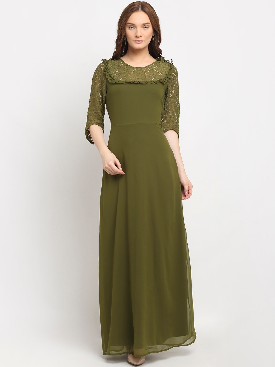 

La Zoire Olive Green Lace Yoke Ruffled Maxi Dress