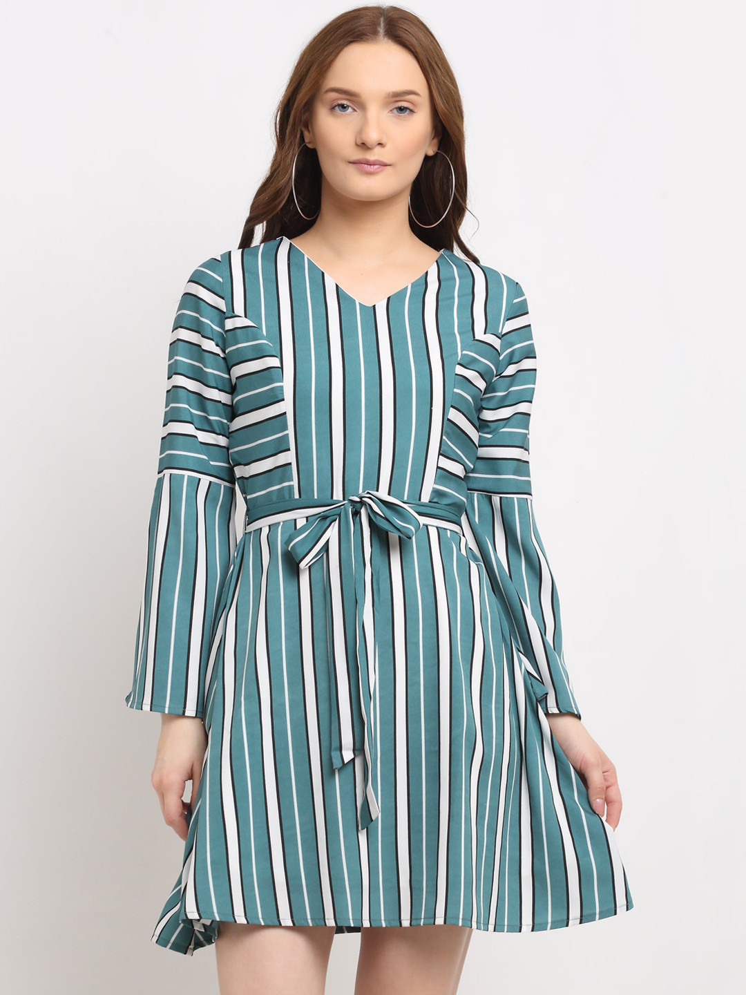 

La Zoire Teal & White Striped Princess Panel A-Line Dress with Tie Up Details